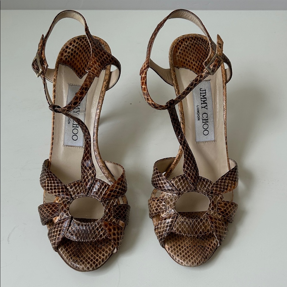 Jimmy Choo Tan & Brown Snakeskin Textured Heeled Sandals